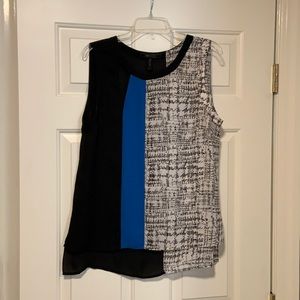 BCBG MaxAzria flowy black and white top with blue stripe.
